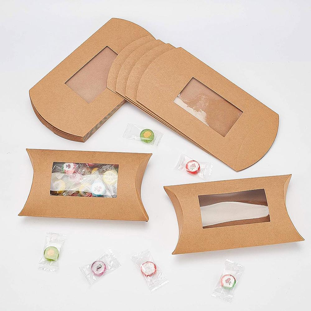 20pcs Paper Pillow Boxes Gift Candy Packing Box with Clear Window BurlyWood 17.5x10x3.8cm