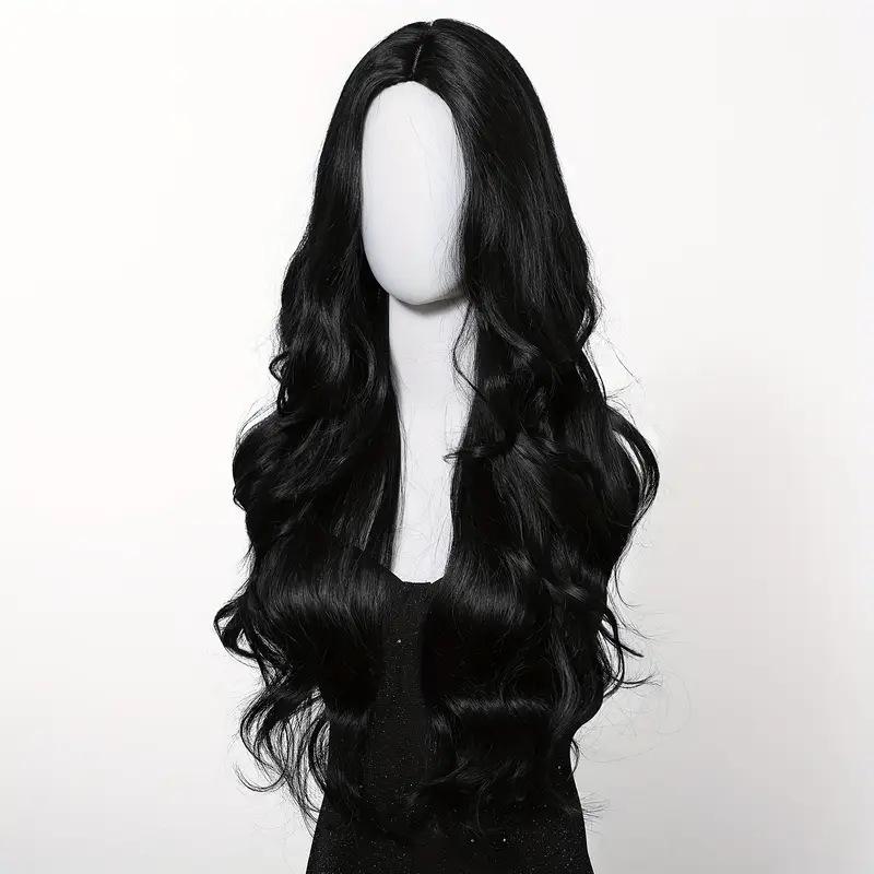 Black Synthetic Wig with Middle-parted Long Hair and Big Waves for Party or Daily Use. High-temperature Synthetic Hair Cap.