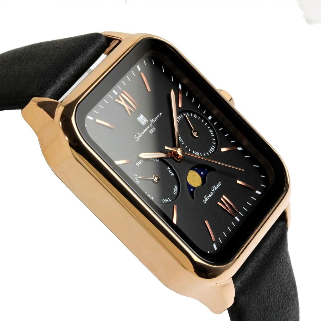 Фазы Луны Квадратные Квадратные Мульти Календарь Ежедневные Водонепроницаемые Деловые Формальные Кожаный Ремешок Ограниченная Модель Розовое Золото Черный [Salvatore Mara] Мужские