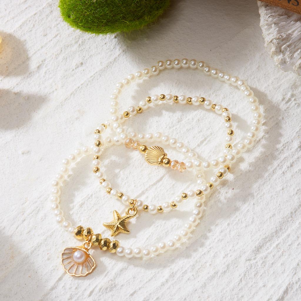3pcs Classic Metal Starfish Shell Drop Bracelets Set for Women Handmade Imitation Pearls Beaded Bracelets Summer Jewelry Gifts