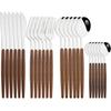 Drmfiy 24Pcs Brown Silver Dinnerware Stainless Steel Imitation Wooden Handle Silverware Knife Spoon Fork Cutlery Set Tableware