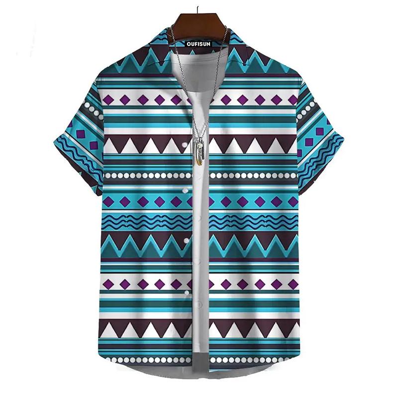 Vintage Hawaiian Shirts For Men Ethnic Pattern Print Lapel Blouse Fashion Casual Womens Clothes Short Sleeve Tees Tops