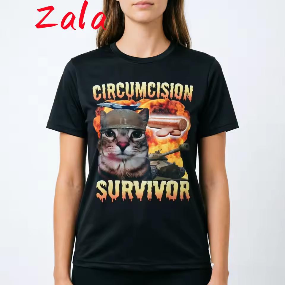 Circumcision Survivor Funny Cat Meme Printed Women's T-shirt Retro Men T-shirt Casual Short Sleeve Summer Women's Clothing Tops