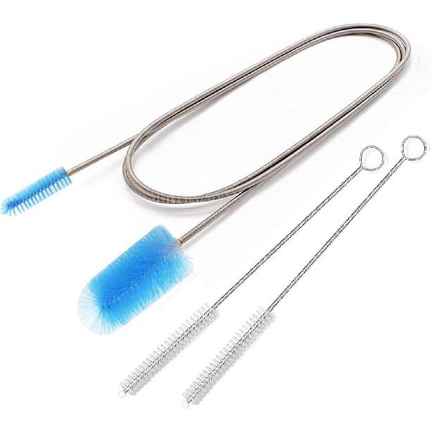 Flexible Drain Brush, Nylon Cleaner Double Ended Elastic Hose Pipe 67-inch and 2 PCS 8.2-inch Straw Cleaning Brush (Blue)