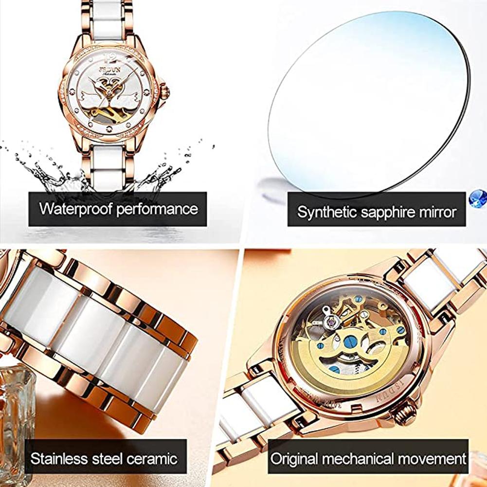 Luxury Mechanical Women Watch Love Swan Design Skeleton Elegant Ceramics Strap Waterproof Ladies Wristwatch Girls Dress Watch