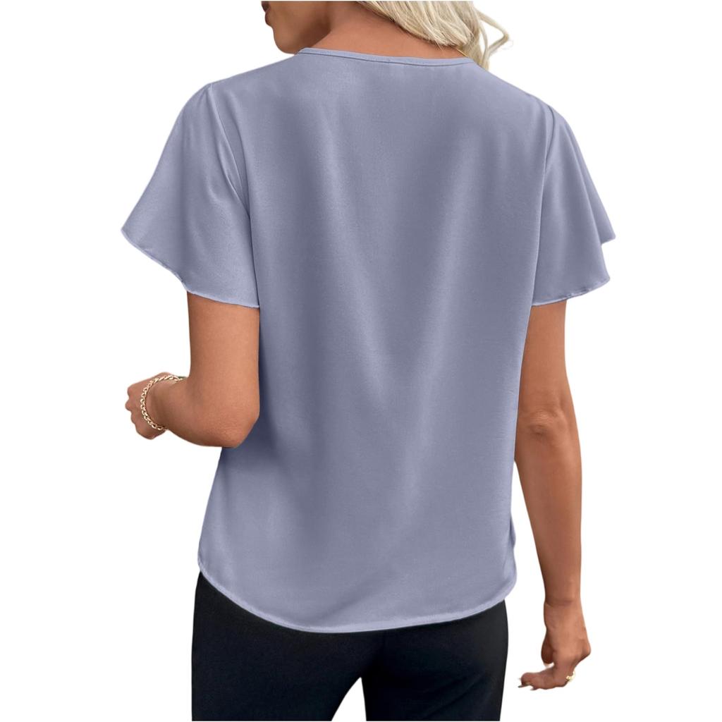 Модная женская рубашка с оборками на рукавах, модная и элегантная, с V-образным вырезом, плиссированная, цветная, с коротким рукавом