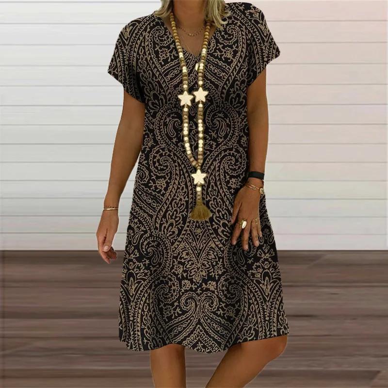 Plaid Geometric Graphic 3D Print Dresses For Women Clothes Summer Vintage Casual Loose Short Sleeve Dress V-Neck Sundress Ladies