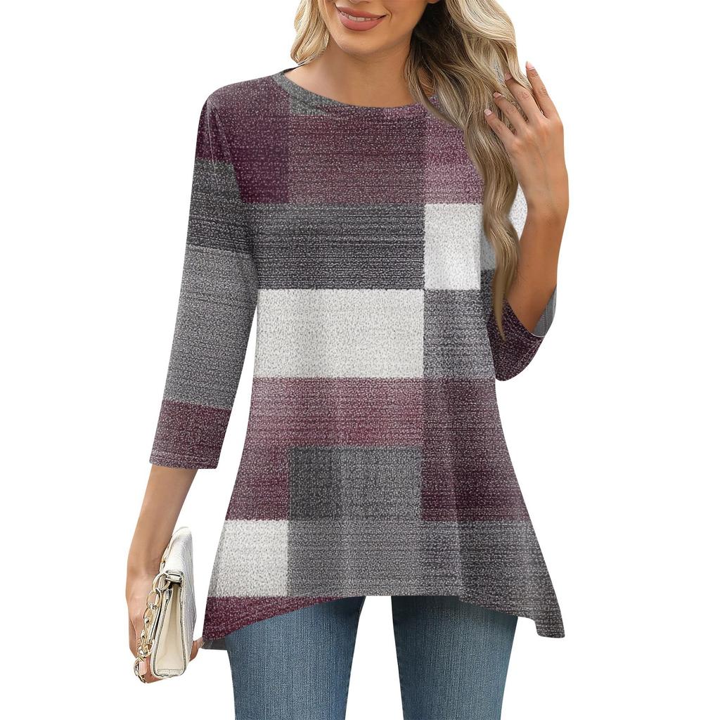 3/4 рукав туника топы для женщин принтованный повседневный выходной свободный крой модная базовая футболка с круглым вырезом