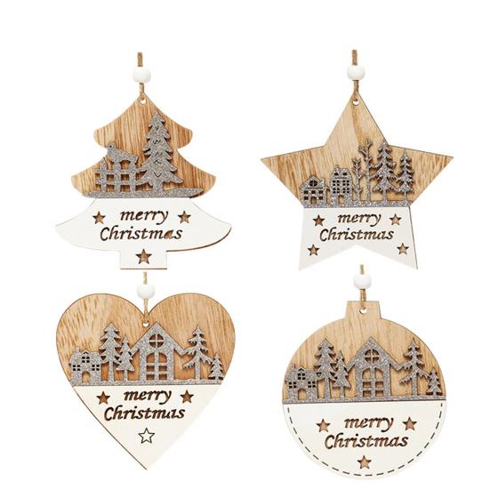 1/4Pcs Wooden Merry Christmas Ornament Farmhouse Rustic Xmas Tree Hanging Double Layer Splicing Love Heart Star Round Shape Holiday Decoration