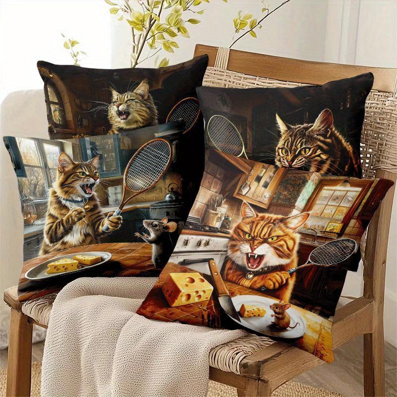 4Pcs Funny Tennis Cat & Mouse Kitchen Throw Pillow Covers, Humorous Tabby Cat With Tennis Racket Cheese Print Cushion Cases
