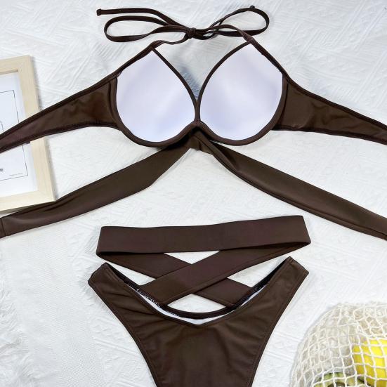 2 Pcs/Set Bathing Suit Solid Color Padded Cross Strap Swimwear Set Spa