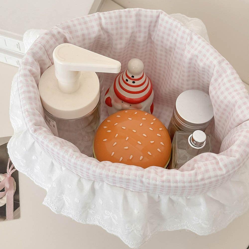 Cute Quilting Cotton Cloth Storage Basket Pink Dots Lace Desktop Storage Basket Foldable Oval Storage Box Home Decor
