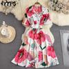 Женская мода лето весна цветочный узор принт короткий рукав ПОЛО шеи Высокая талия повседневные платья