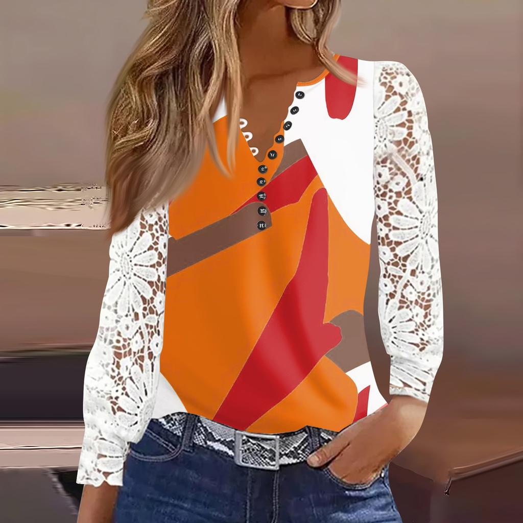 Women's T Shirt Tee Print Button Lace Long-sleeved  Daily Weekend Fashion Basic V- Neck Regular Top