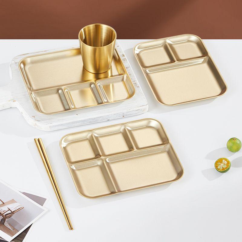 Korean BBQ Gold Cutlery Set: Compartment Plate, Bowl, Spoon, Cup, and Grill Plate