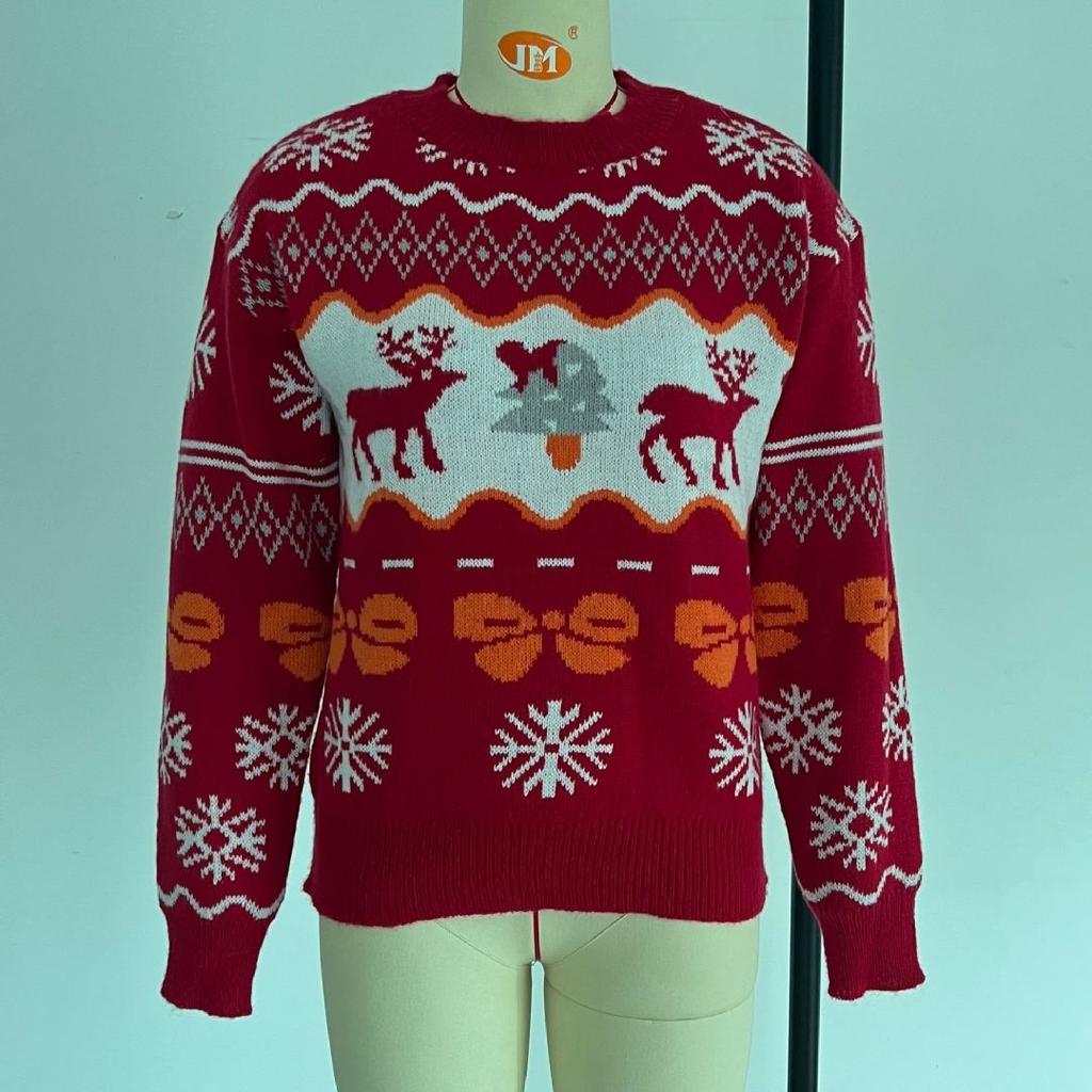GMXIA Autumn Winter Sweater Women's Christmas Jacquard Loose O-Neck Long Sleeve Sweater