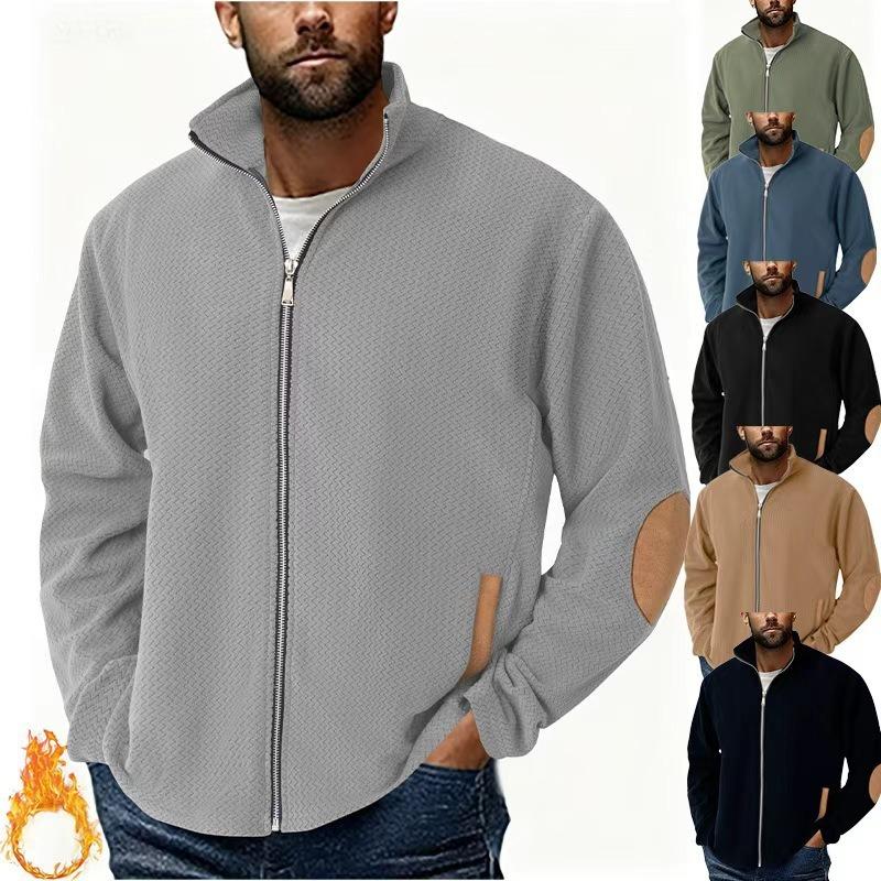 Men Fleece Lined Stand Collar Zip Up Loose Jacket
