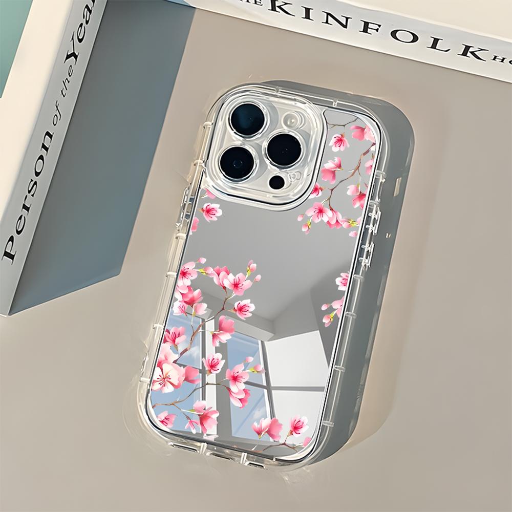 Розовый чехол для телефона с зеркалом и цветочным принтом сакуры для iPhone 17 16 15 Pro 14 13 12 11 Pro Max 7 8 Plus 17 Air X XR XS Мягкий чехол