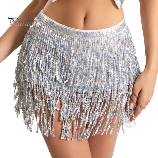 Belly Dance Skirt Sequin Tassel Waist Hip Scarf Exotic Style Tie Up Adjustable Thin Skirt Mesh Festivel Stage Performance Cosplay Mini Skirt Apron