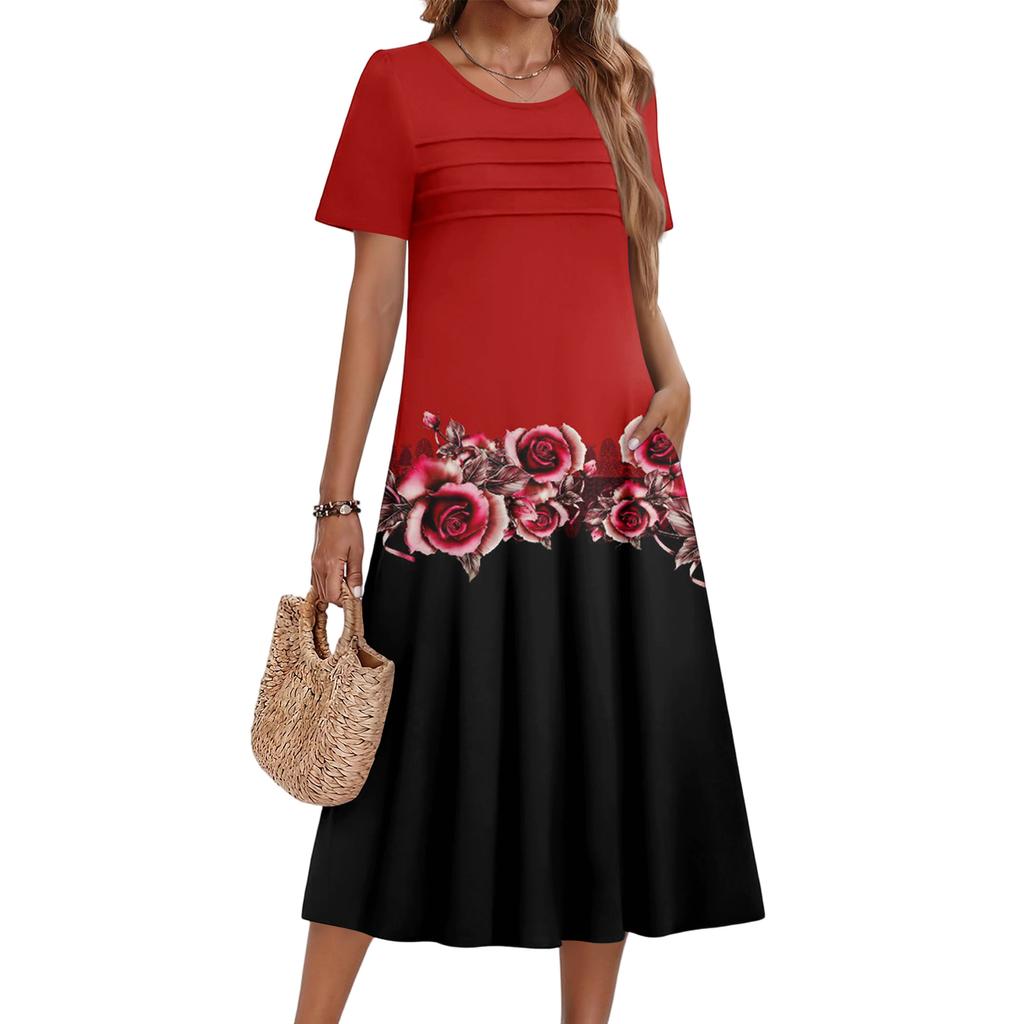 Женское повседневное и модное платье с цветочным принтом, короткими рукавами и круглым вырезом.