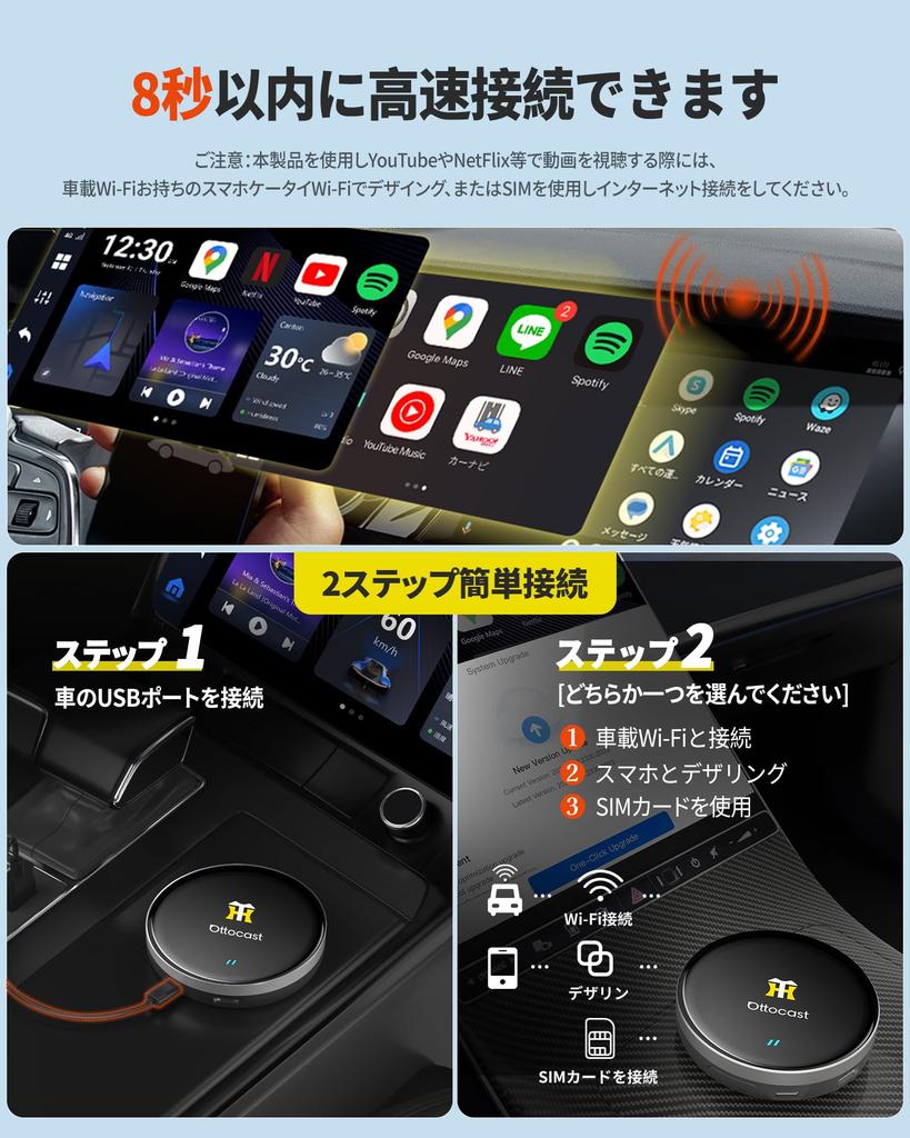 Ottocast OttoAibox P3 Lite Адаптер CarPlay AI Box P3 Модель Android 12 Может смотреть видео на Преобразует оригинальные проводные автомобили CarPlay в беспроводные Одобрение