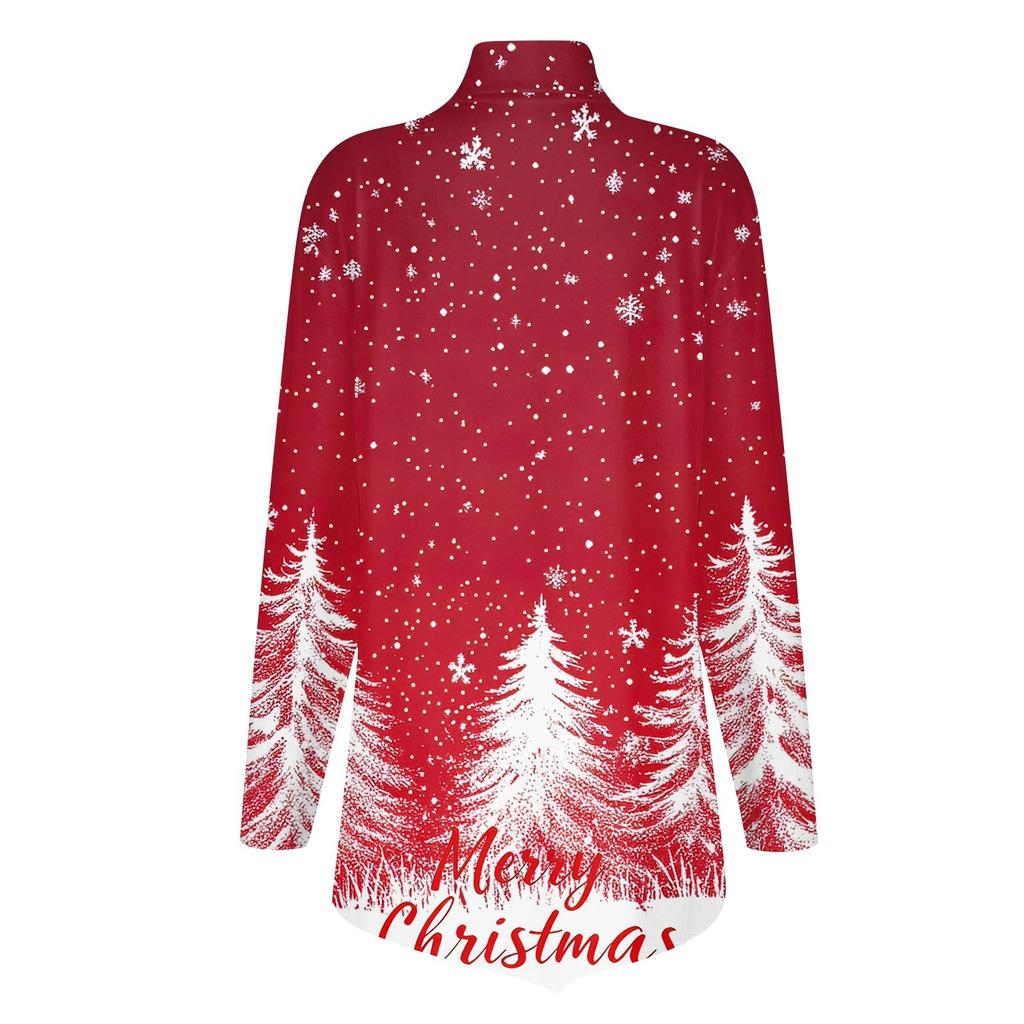 Casual Fashion Christmas Print Shirt Tops High Neck Irregular Hem Long Sleeve Pullover Tops