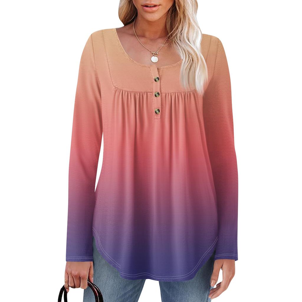 Женская туника с длинным рукавом, свободные топы, повседневные топы оверсайз, плиссированная туника, застегивающаяся на пуговицы, повседневные женские топы с принтом