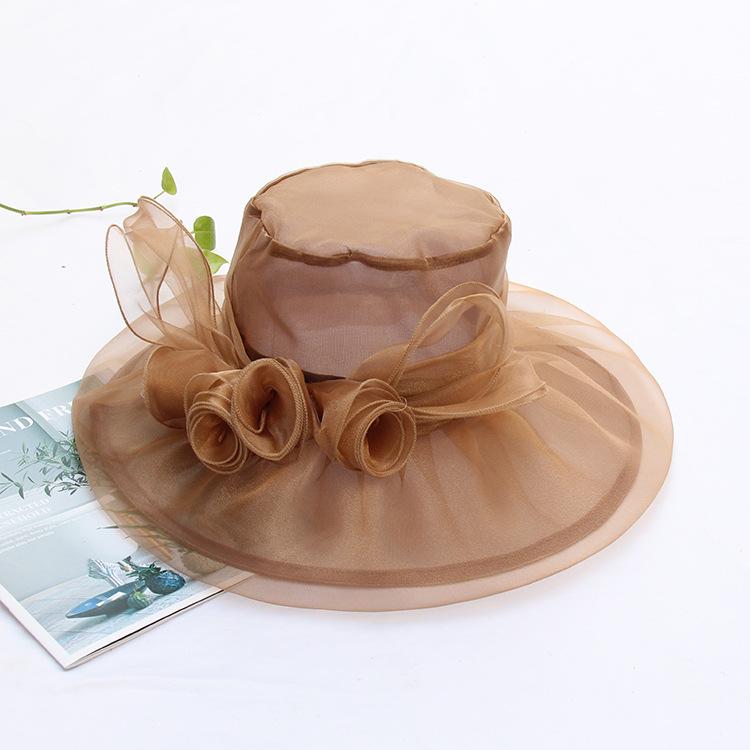 Summer organza mesh top hat fashion hat women's flower beach sun hat big edge face covering sun hat