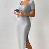 LYRIA Women Knitted Dress Lady Casual Short Sleeve Square Collar Side Slit Dress Vestidos