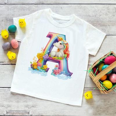 Футболка с принтом Unicorn Rainbow Initial AZ для детей, летняя футболка для мальчиков и девочек, топы с коротким рукавом, милая одежда для малышей, футболка