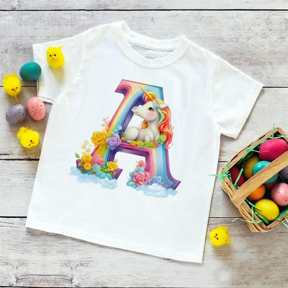 Футболка с принтом Unicorn Rainbow Initial AZ для детей, летняя футболка для мальчиков и девочек, топы с коротким рукавом, милая одежда для малышей, футболка