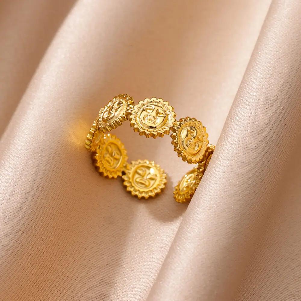 Fashion Sun Open Rings For Women Men Gold Color Stainless Steel Sun Ring Wedding Couple Aesthetic Jewelry Gift bijoux femmes