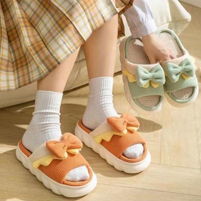 Льняные тапочки, женские домашние тапочки, удобная нескользящая домашняя хлопковая обувь, милые тапочки на плоской подошве с бантом, парные шлепанцы, весна-лето