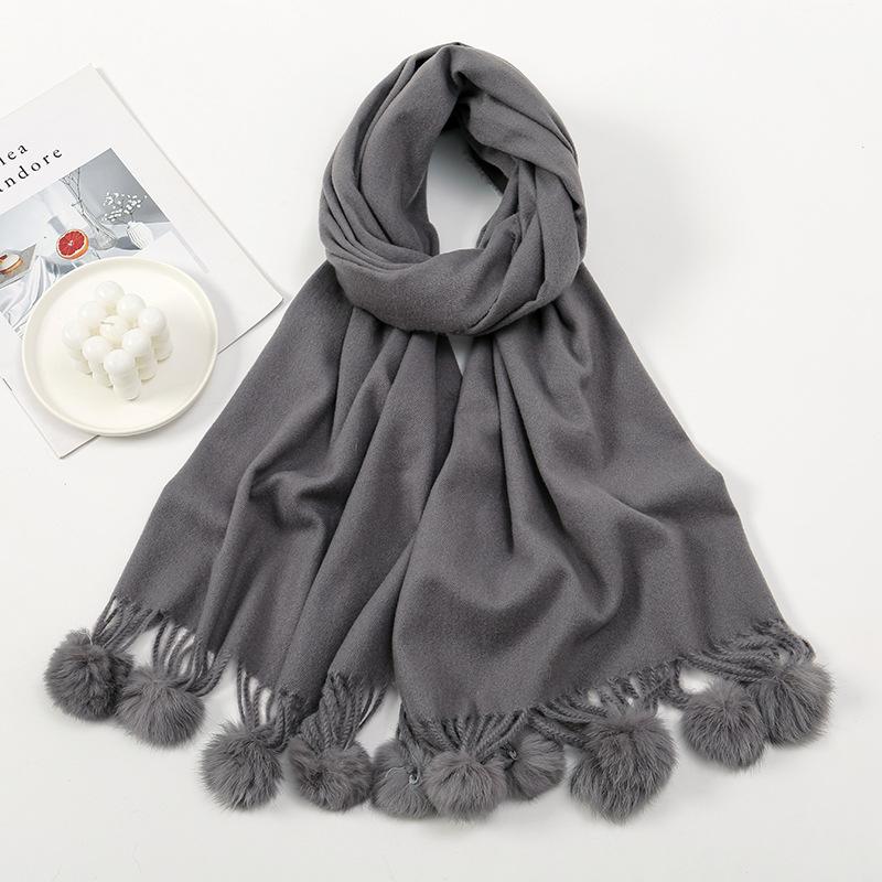 Fashion Winter Thick Blanket Cashmere Shawl Scarf With Rabbit Fur Pom Pom Tassel Warm Pashmina Poncho Echarpe Foulards 190*70Cm