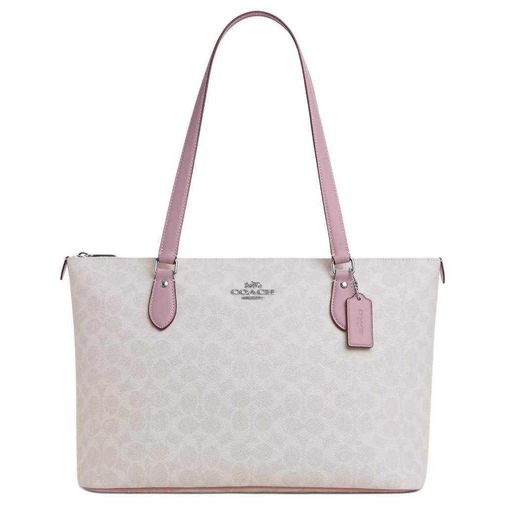 Coach Большая сумка-тоут на молнии из белогоSignature Canvas с отделкой из розовой кожи для повседневного использования