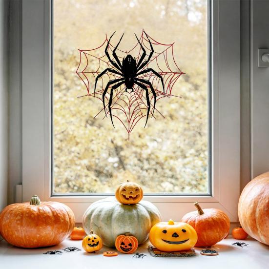 Static Glass Sticker, Reusable Halloween Window Decal, Black Spider Red Web Pattern Window Sticker for Home Store Kindergarten Decor