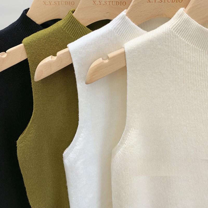 Летняя верхняя одежда без рукавов, трикотажные майки для женщин, полувысокие майки с высоким воротом, женские однотонные облегающие повседневные офисные женские майки, модный жилет 24985