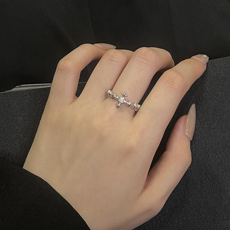 Premium Cross Star Glow Diamond Zircon Index Finger Ring Women'S Tide Niche Design Ring Personality Jewelry