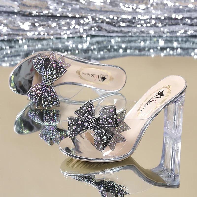 Модные туфли на высоком каблуке Rimocy, хрустальные шлепанцы с бантом, женские, лето 2025, с открытым носком, прозрачные ПВХ сандалии, женские, прозрачные на каблуке, праздничные шлепанцы
