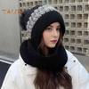 Women Winter Hat with Scarf Thick Warm Plush Windproof Cycling Headwear Contrast Color Elastic Full Protecting Outdoor Travel Cold Weather Skiing Cap