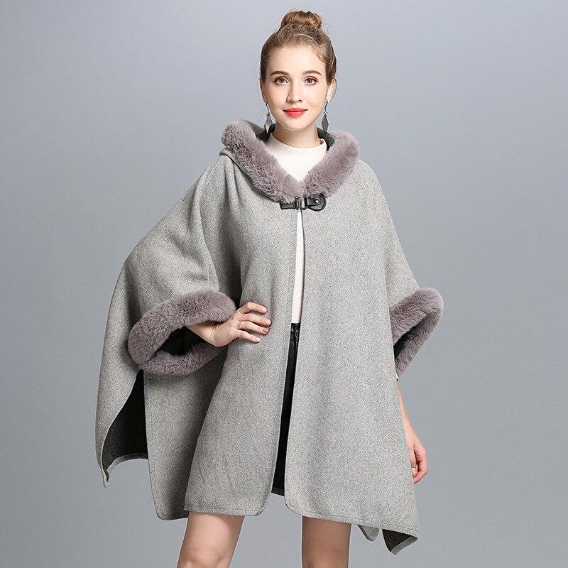 9 Colors Black Winter Warm Fashion Horn Buckle Poncho Capes Women Imitation Rabbit Fur Batwing Sleeves Loose Long Coat With Hat