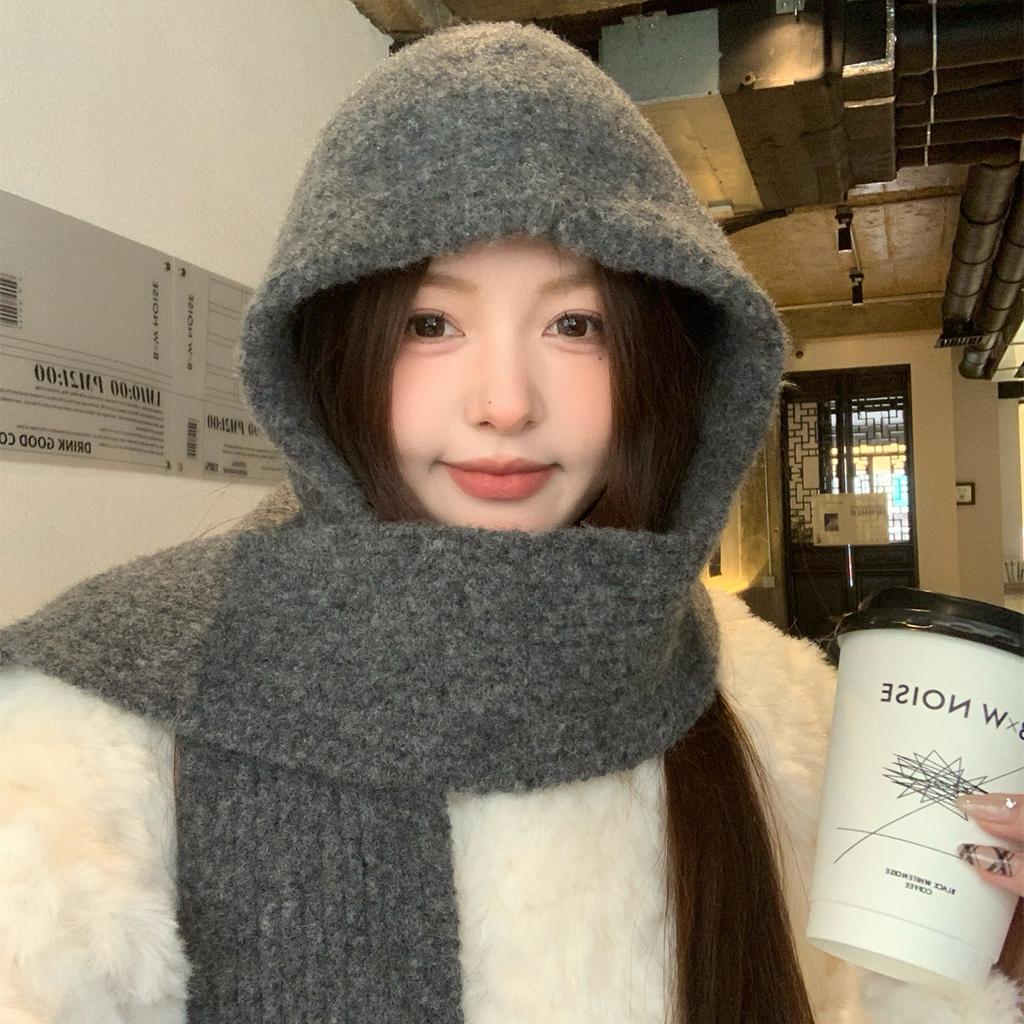 Gray Thickened Hat Scarf All In One Warm Knitted Hat Women's Autumn and Winter Ear Protection Balaclava Woolen Hat