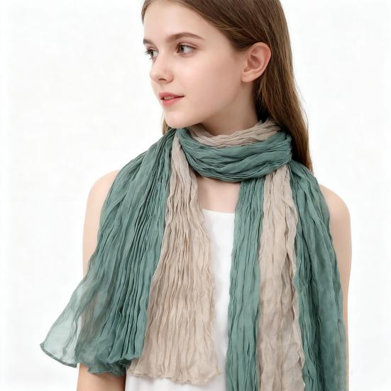 Ladies Shawl Scarf Color-Blocking Pleated Design Versatile Scarf Autumn Winter Outdoors Commuting Long Scarf