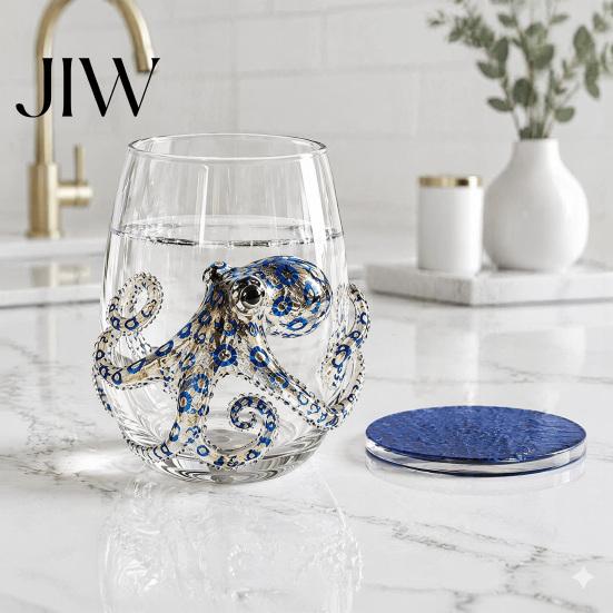 Nautical Home Decor Octopus Glass Tumbler, 350ml Stemless Wine Glass, Whale Dolphin Turtle Artistic Sea Creature Cup Drinking Cup, Handcrafted