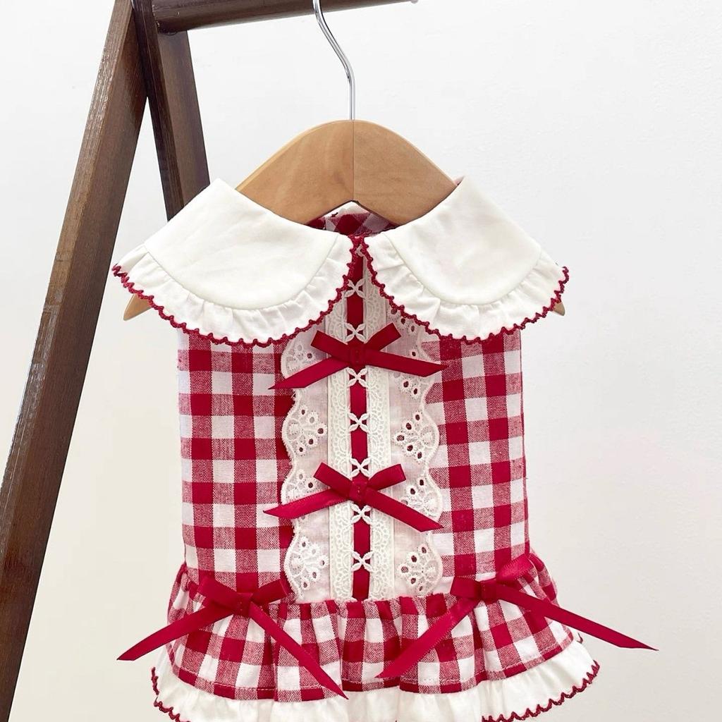 Pet Christmas Plaid Dress Cute Bow Dress New Year Small Dog Cat Teddy Shirt Dog Dresses for Small Dogs Puppy Clothes