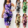 Летнее женское платье без рукавов с красочным цветочным принтом и круглым вырезом, облегающее платье длиной до колена, банкетное вечернее платье миди для отдыха