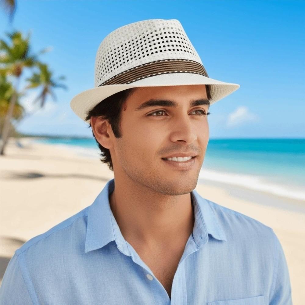 Short Brim Woven Straw Hat Breathable Vacation Beach Cap Sun Cap Men Panama Hat Summer