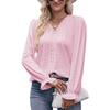 2024 Summer Solid Color T-shirt Hole Lace V-neck Long Sleeve Top Women's Clothing