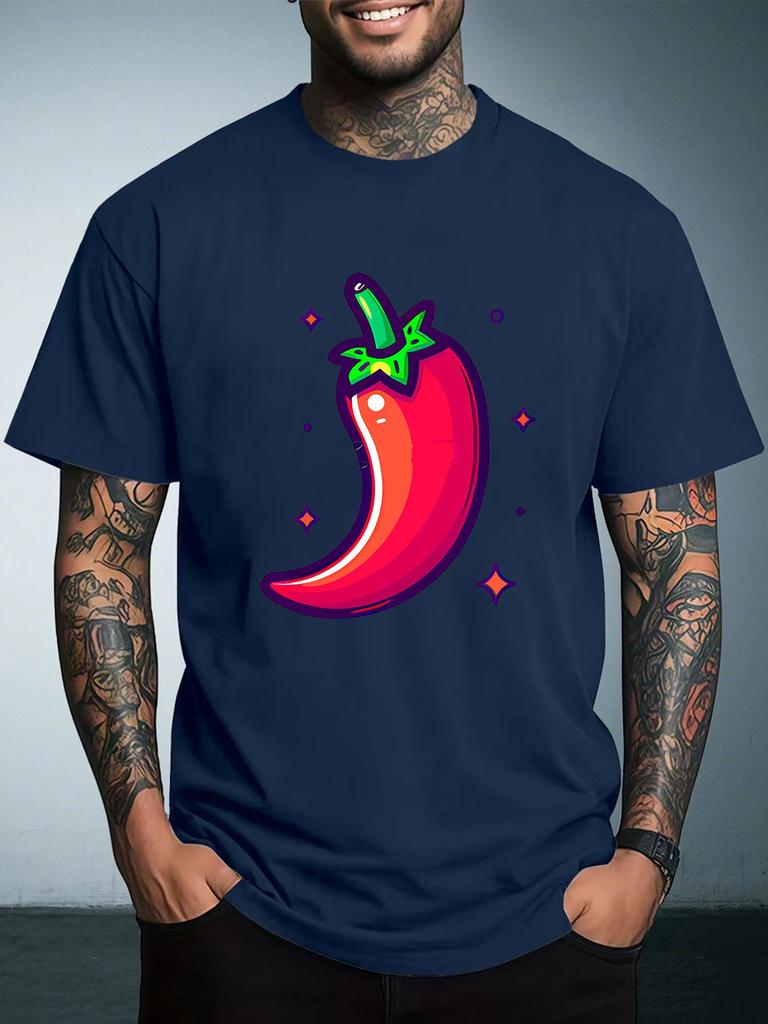 Unisex Summer White Short Sleeve Tee Cute Cartoon Red Chili Pepper Sparkle Graphic Crew Neck Loose Casual Male Daily Tops