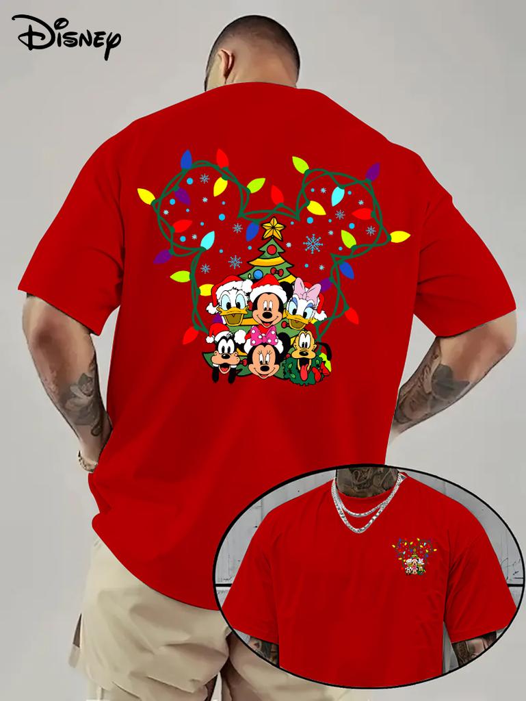 Disney Микки Рождественская Мультяшная Футболка Мужская Мода Буквенный Мультяшный Дизайн Дышащая и Легкая Повседневная Футболка с Коротким Рукавом